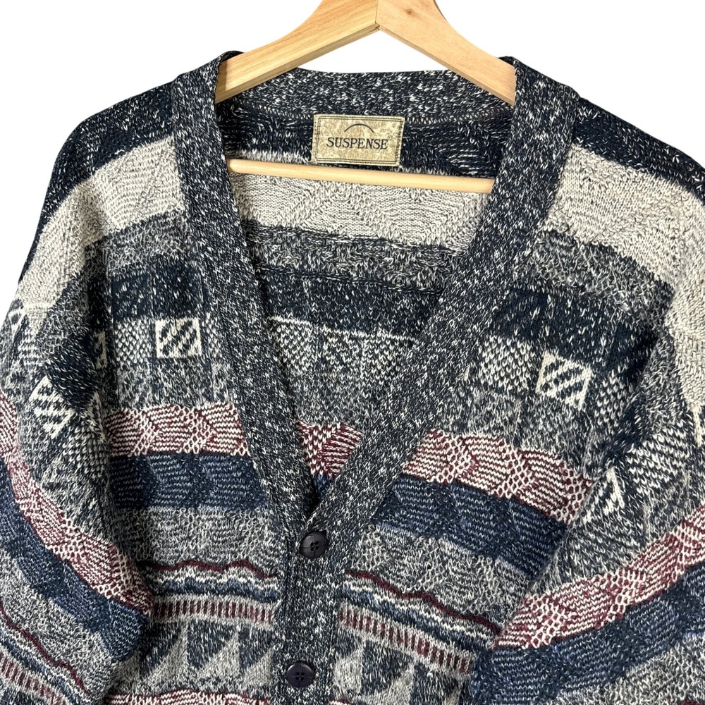 Suspense Vintage Geometric Knit Cardigan Sweater Wool Blend Gray Blue Size 50 L